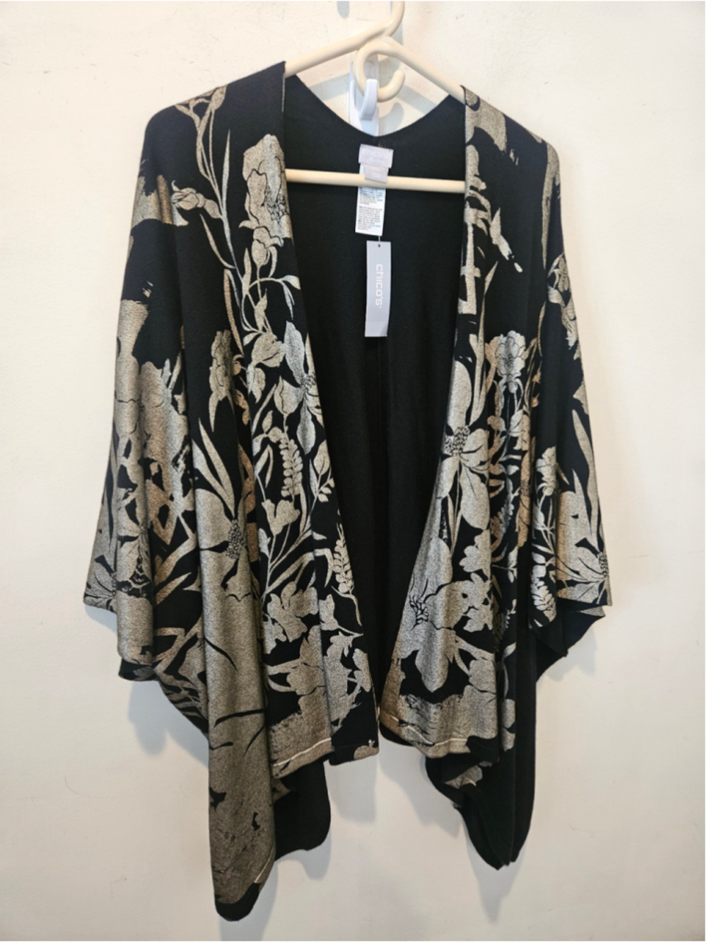 Women's Chico's NWT Travelers Floral Kimono Cardigan Black Gold Size L/XL